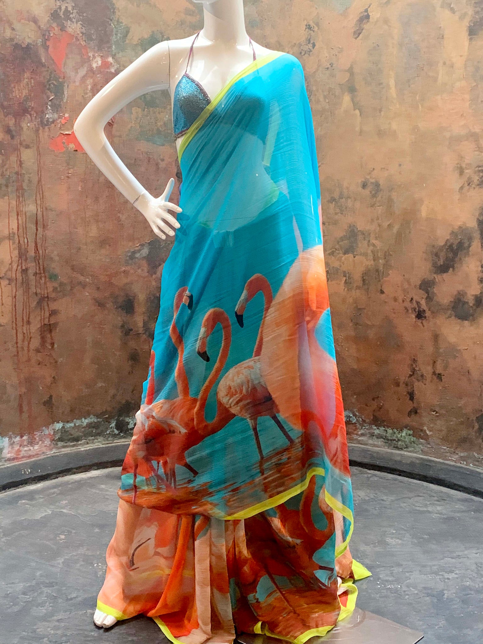 Jai by Aashkii silk chiffon saree -flamingo design - Turquoise