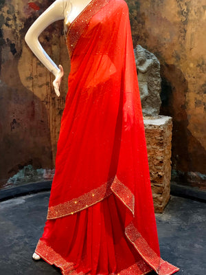 Shaded georgette saree orange red/Embellishment