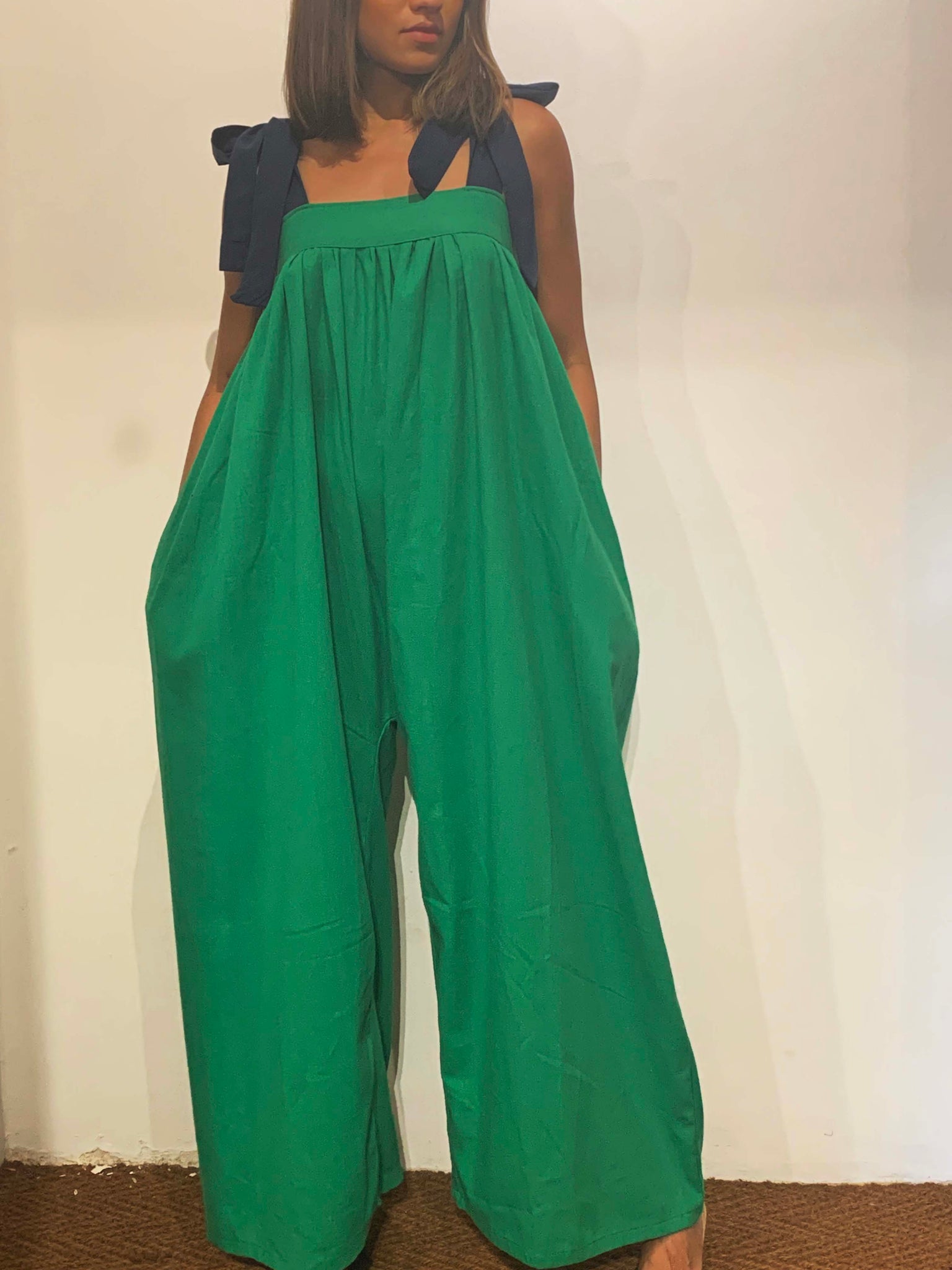 The Coffee Jumpsuit - Green with Navy Straps